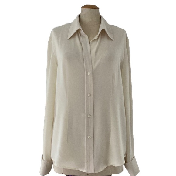 NEW YORK & COMPANY cream button down w/ French cuffs and pointed collar. L - Picture 1 of 8